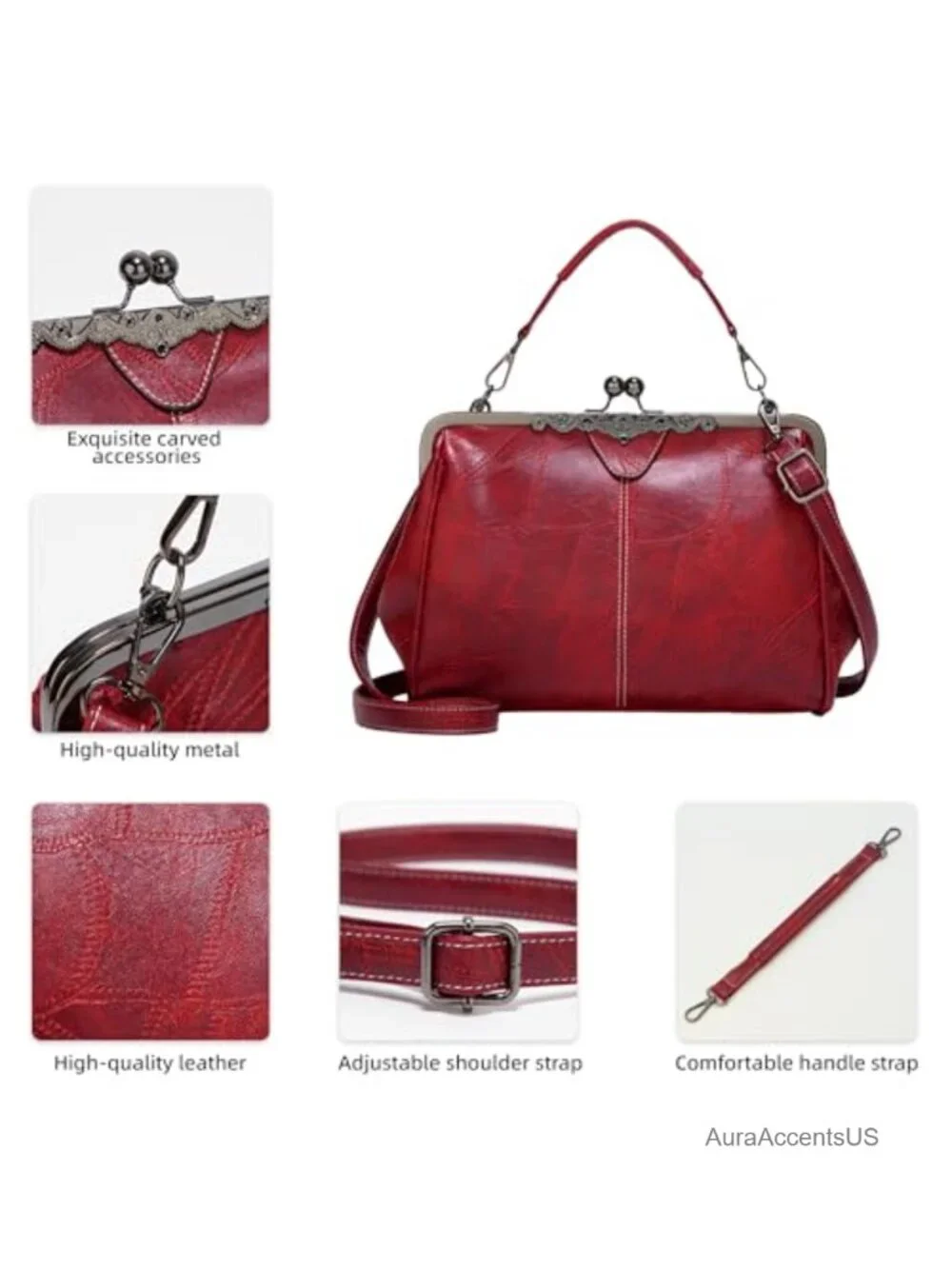 Vintage Kiss Lock Satchel Crossbody Purse Faux Leather Women Handbag